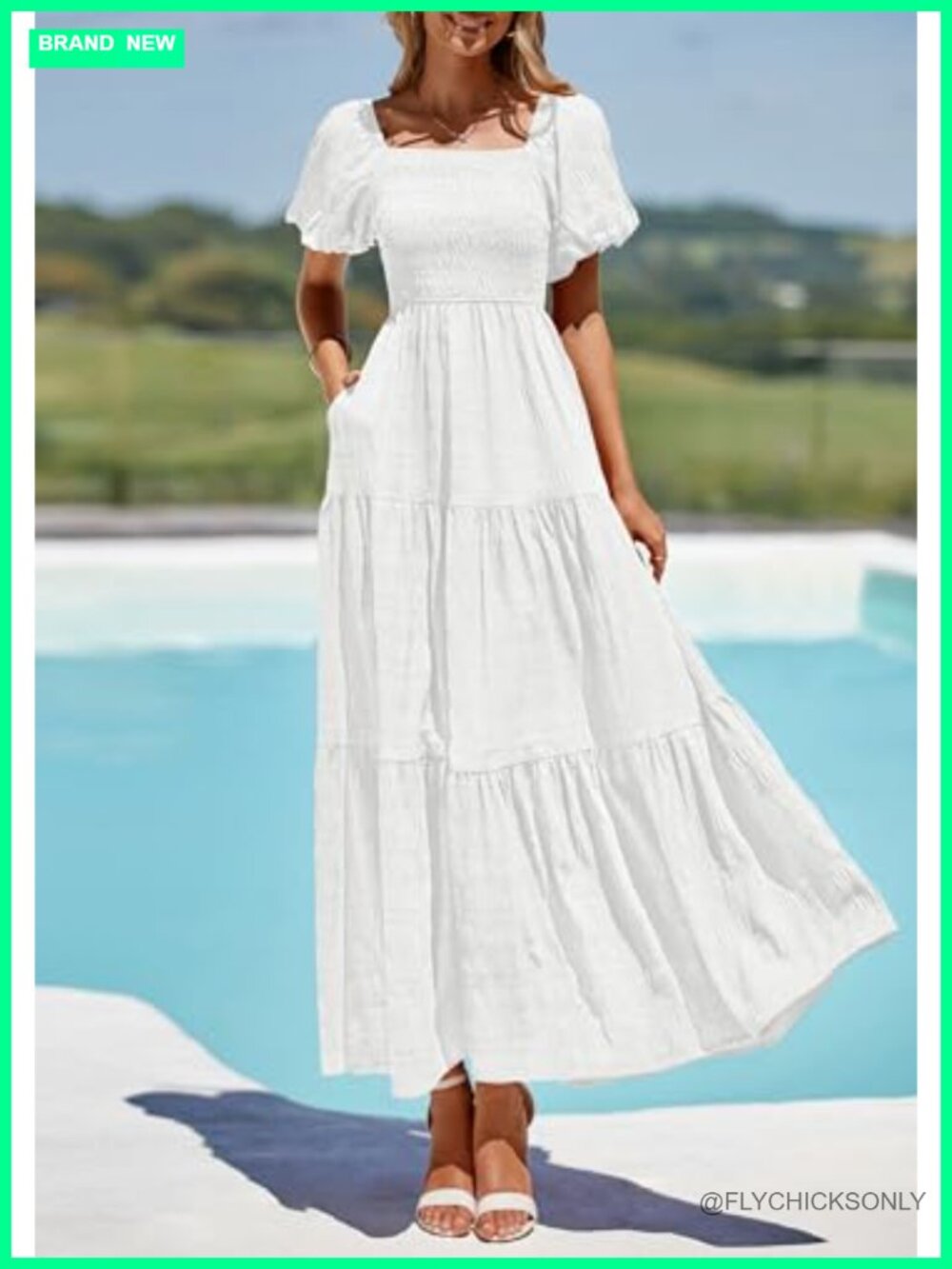 Puff Short Sleeve Maxi Dress Square Neck Smocked Tiered Ruffle A Line Flowy - Picture 6 of 7